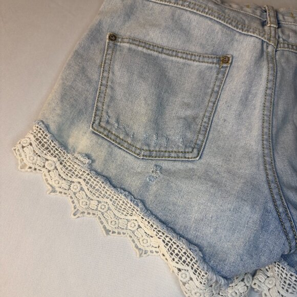 Free People Lacey Distressed Denim Cutoff Lace Hem High Rise Shorts, W28 - Picture 10 of 12